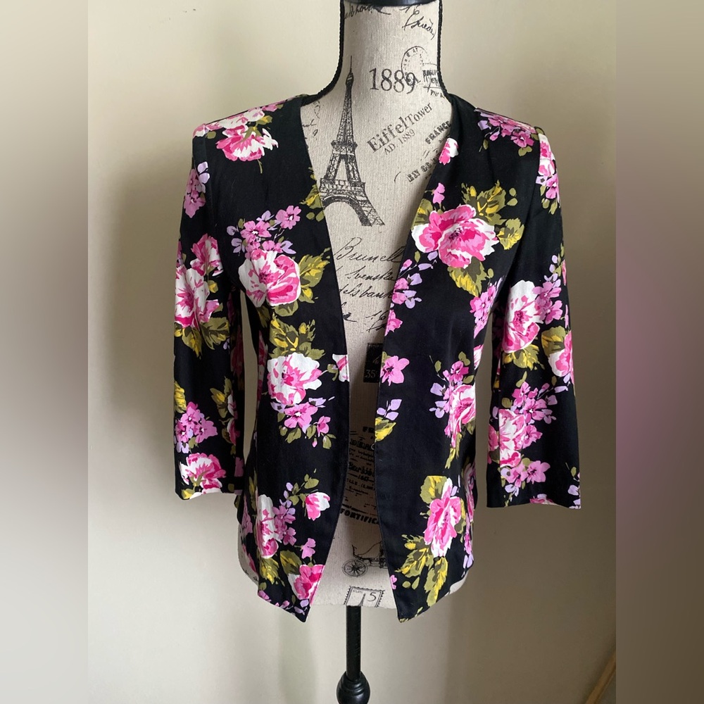 Notations black pink floral three quarter sleeve blazer